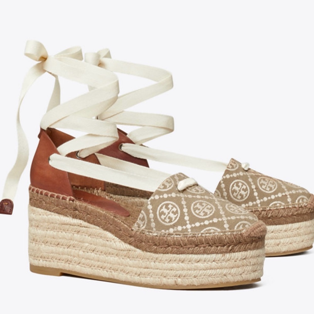 Tory Burch T Monogram Ankle Wrap Espadrille Wedge Size 10 (NIB)